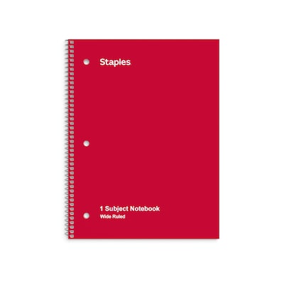 Staples 1-Subject Notebook, 8" x 10.5", Wide Ruled, 70 Sheets, Red (TR24007)