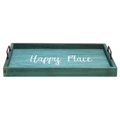Elegant Designs "Happy Place" Decorative Wood Serving Tray w/ Handles, 15.50" x 12", Blue Wash (HG2000-BHP)