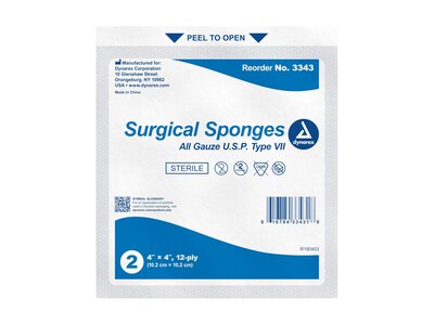 Dynarex 4 Sterile 12-Ply Sponge, 25/Pack, 25 Packs/Carton (3343)