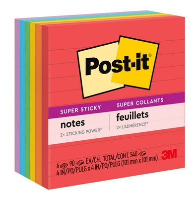 Post-it Super Sticky Notes, 4 x 4, Playful Primaries Collection, Lined, 90 Sheet/Pad, 6 Pads/Pack