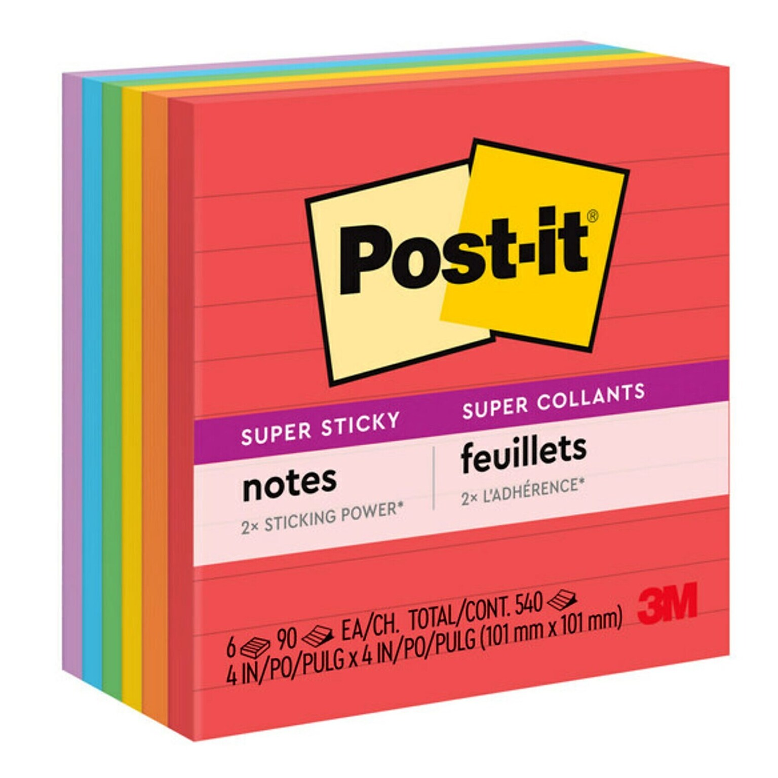 Post-it Super Sticky Notes, 4 x 4, Playful Primaries Collection, Lined, 90 Sheet/Pad, 6 Pads/Pack (6756SSAN)