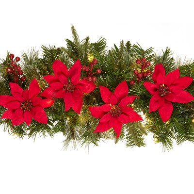 National Tree Company 3' Feel Real Colonial Mantel Swag with Red Poinsettia, Red Berries (QPECO8-301-3MB)