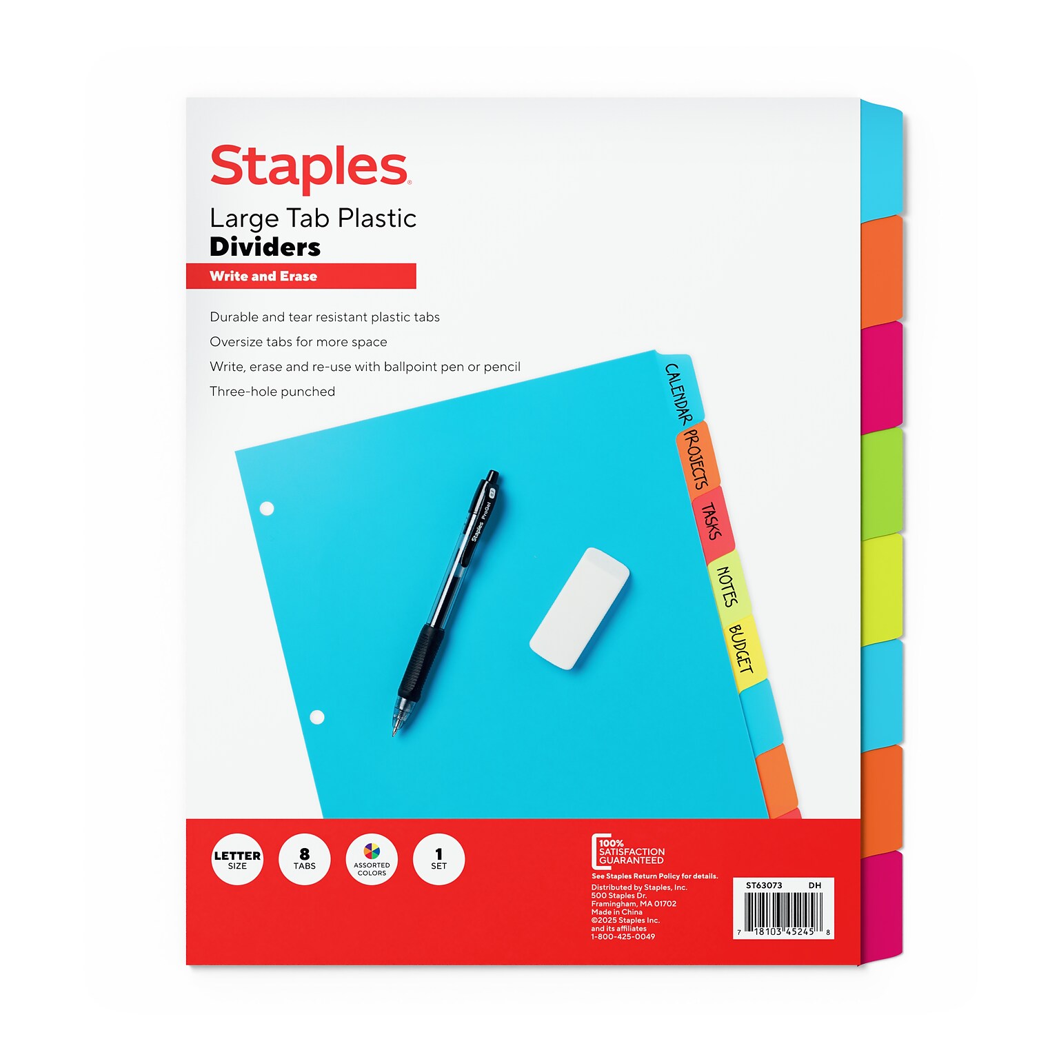 Staples Large Tab Write & Erase Plastic Dividers, Multicolor, 8-Tabs (ST63073)