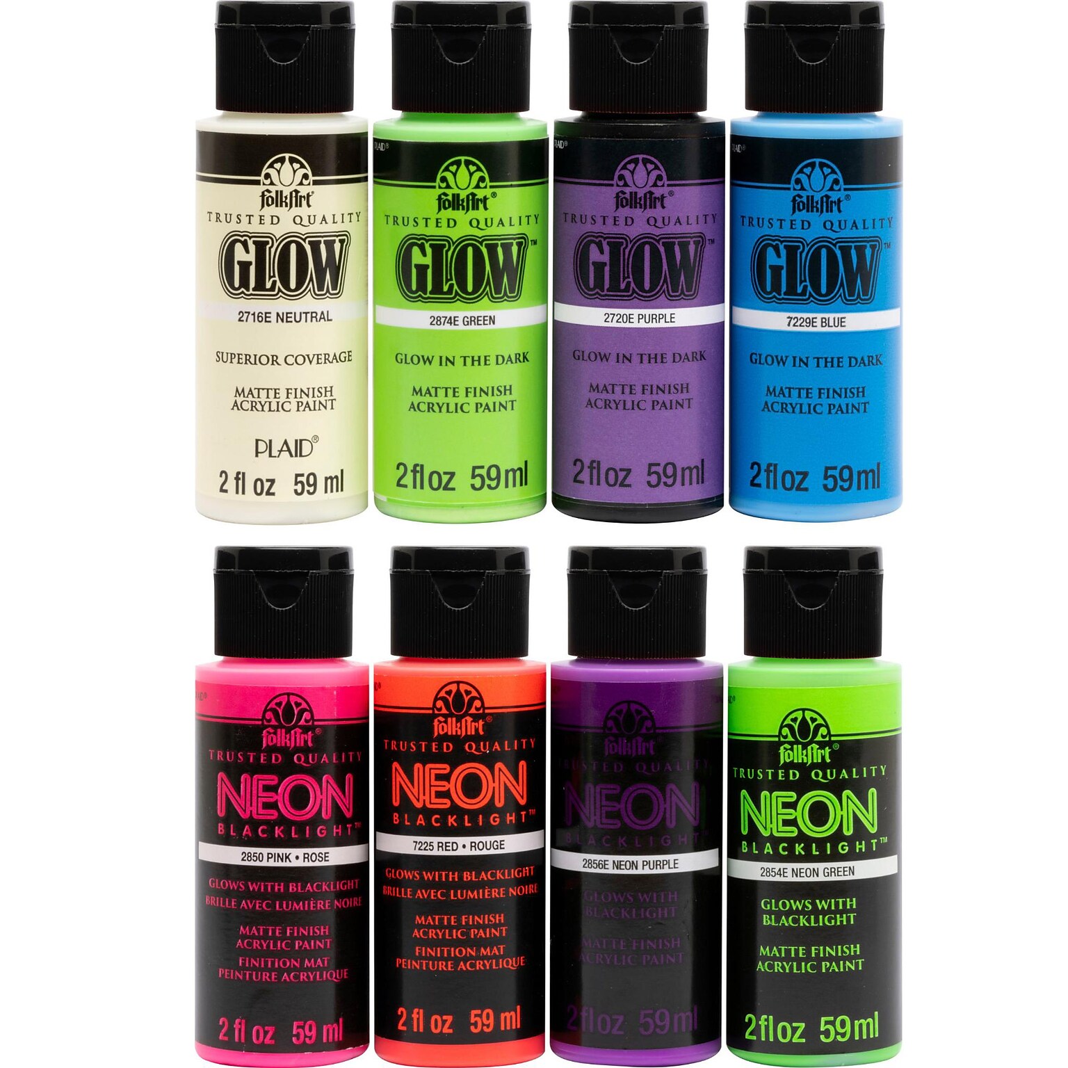 FolkArt Acrylic Paint Set, 2oz., Neon & Glow In The Dark, 8/Set (FLKPROMOFAGLOW8)
