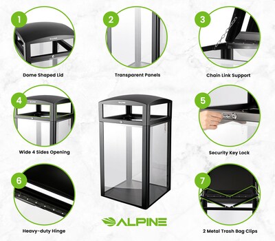 Alpine Industries Steel/PC Outdoor Trash Can with Dome Lid, 40 Gallon, Clear (471-40-CLR)