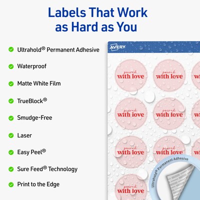 Avery Round Laser Multipurpose Labels, 1-5/8 Dia., White, 1000/Box (19479399430)