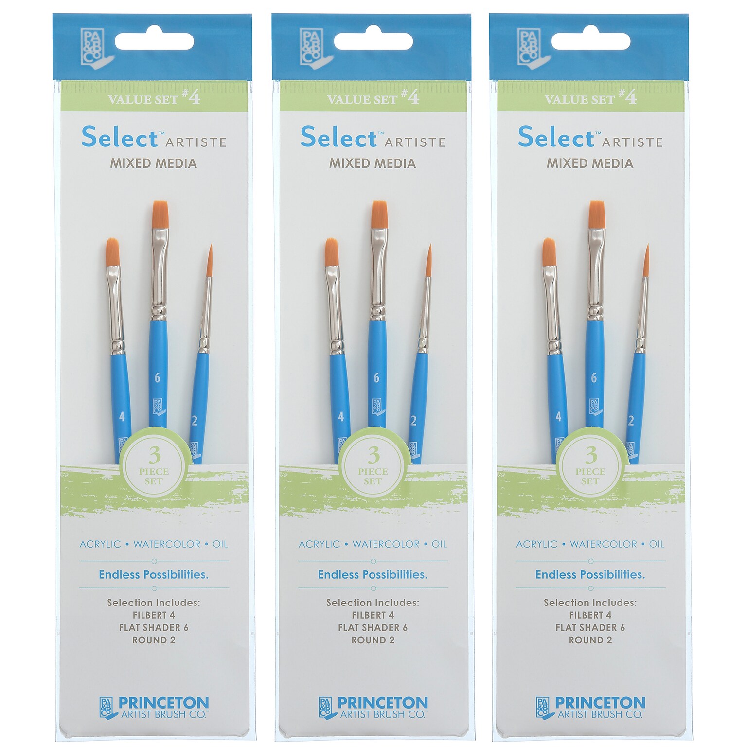 Princeton Select Artiste Mixed Media Synthetic Variety Brush Set No. 4, 3/Set, 3 Sets/Bundle (PBXP3750SET104-3)