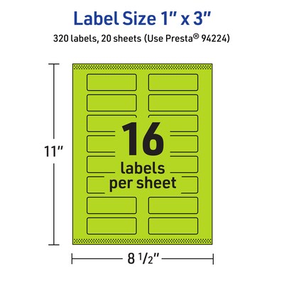Avery Laser/Inkjet Multipurpose Rectangle Labels, 1" x 3", Bright Green, 320/Pack (94224)