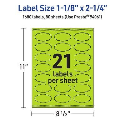 Avery Scalloped Decorative Edge Multipurpose Labels, 1-1/8" x 2-1/4", Bright Green, 1680/Box (94061)