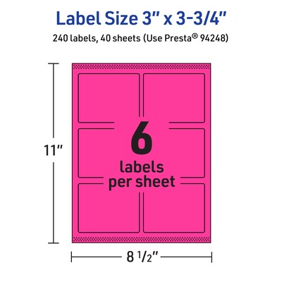 Avery Laser/Inkjet Rectangle Multipurpose Labels, 3" x 3.75", Neon Magenta, 240/Pack (94248)