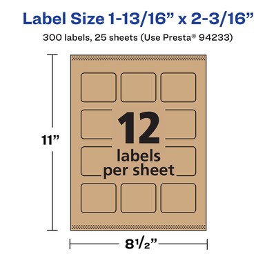 Avery Laser/Inkjet Rectangle Multipurpose Labels, 1-13/16" x 2-3/16", Kraft Brown, 300 Labels/Pack ( 94233)