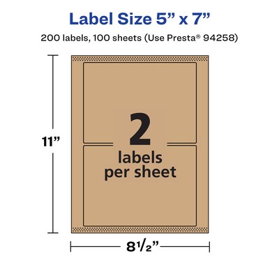 Avery Laser/Inkjet Rectangle Multipurpose Labels, 5" x 7", Kraft Brown, 200 Labels/Box (94258)