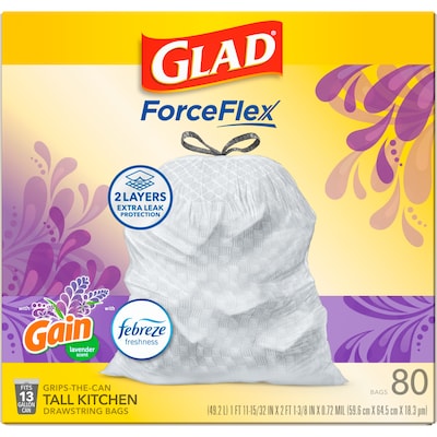 Glad ForceFlex Tall Kitchen Drawstring Trash Bags, 13 Gallon, Gain Lavender with Febreze Freshness, 80 Count (78533)