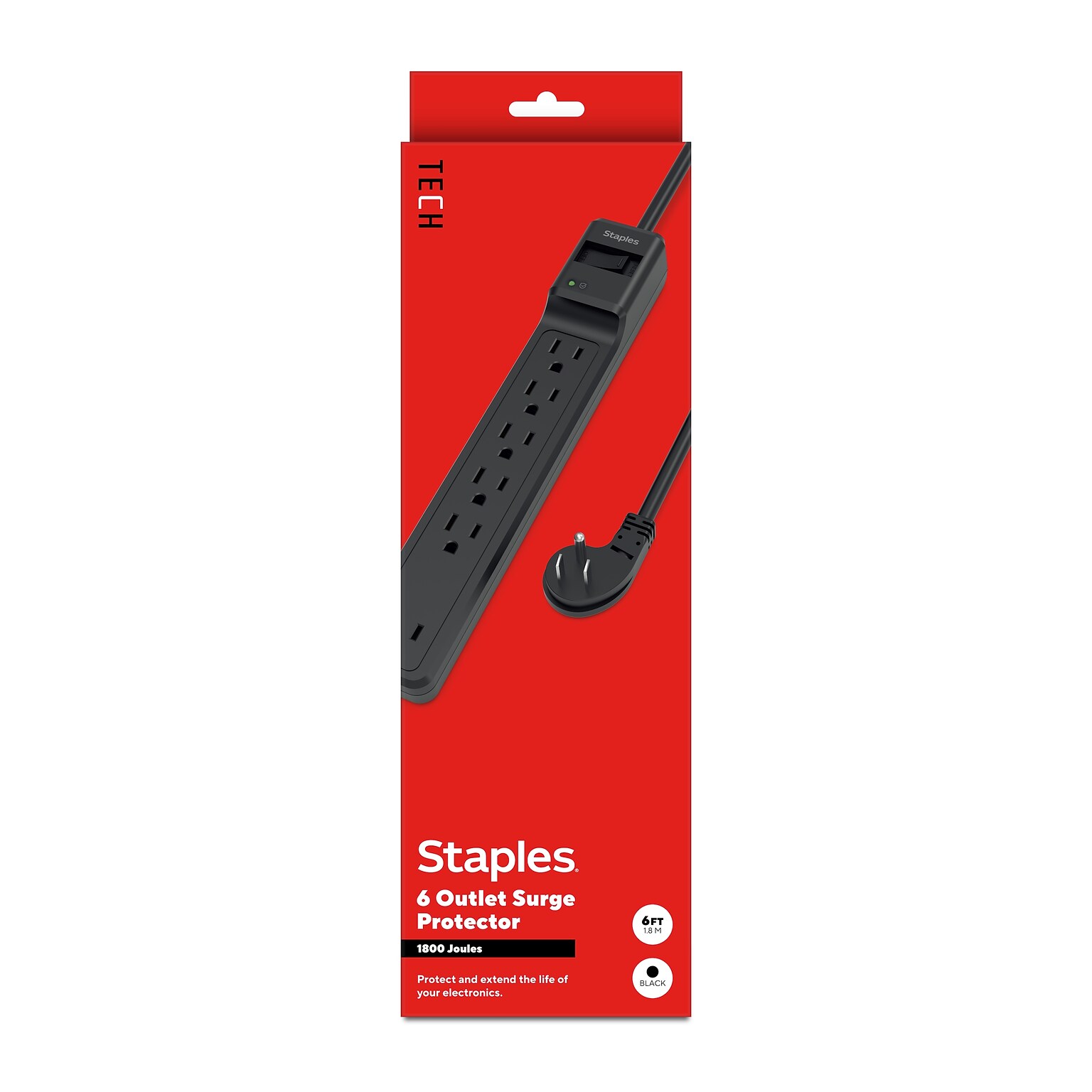 Staples TECH 6-Outlet Surge Protector, 6, 1800 Joules, Black (ST62779)
