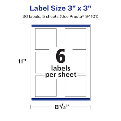 Avery Laser/Inkjet Square Multipurpose Labels, 3" x 3", White, 30 Labels/Pack  (94101)