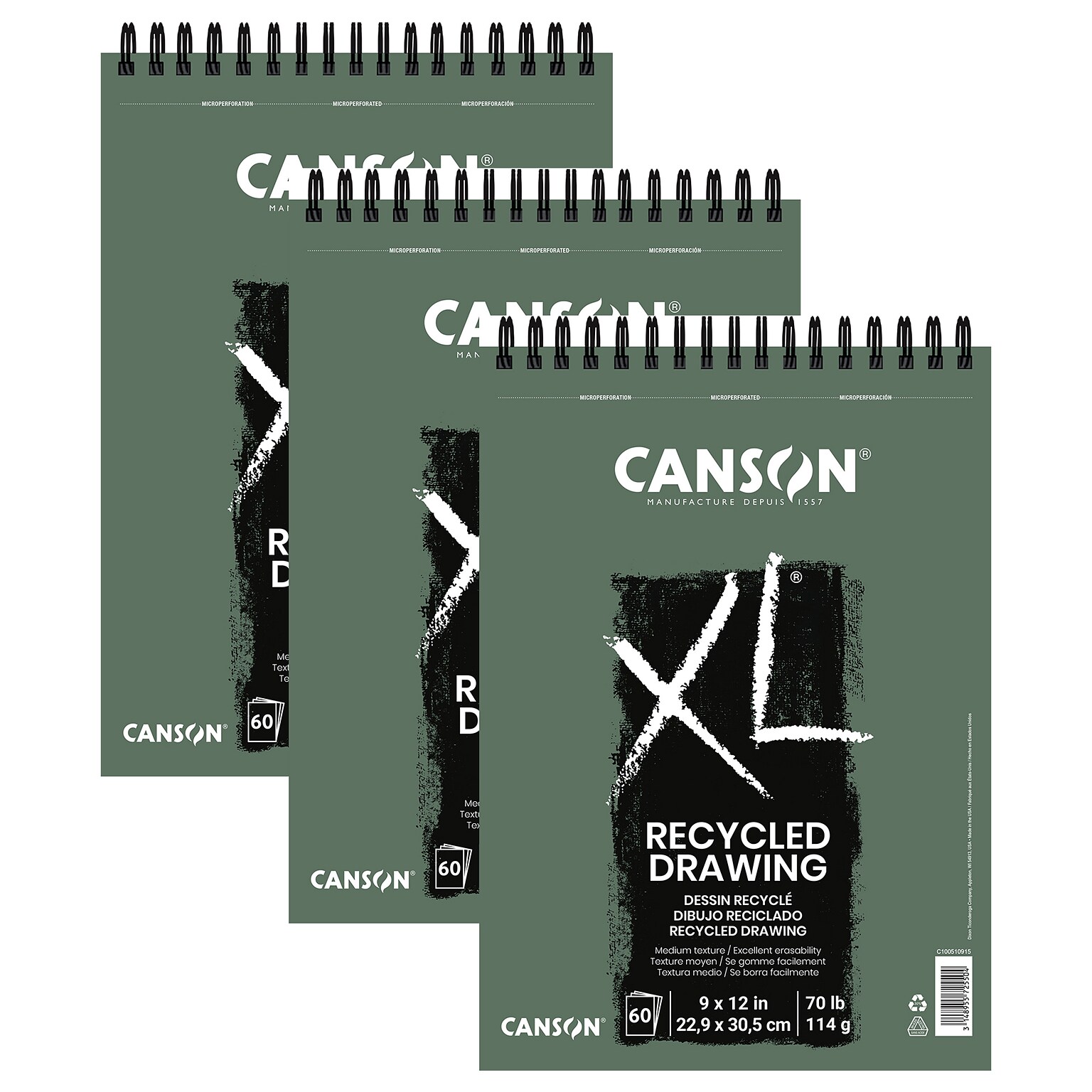 Canson XL Series 9 x 12 Wire Bound Drawing Sketch Pad, 60 Sheets/Pad, 3/Bundle (MCXC100510915-3)