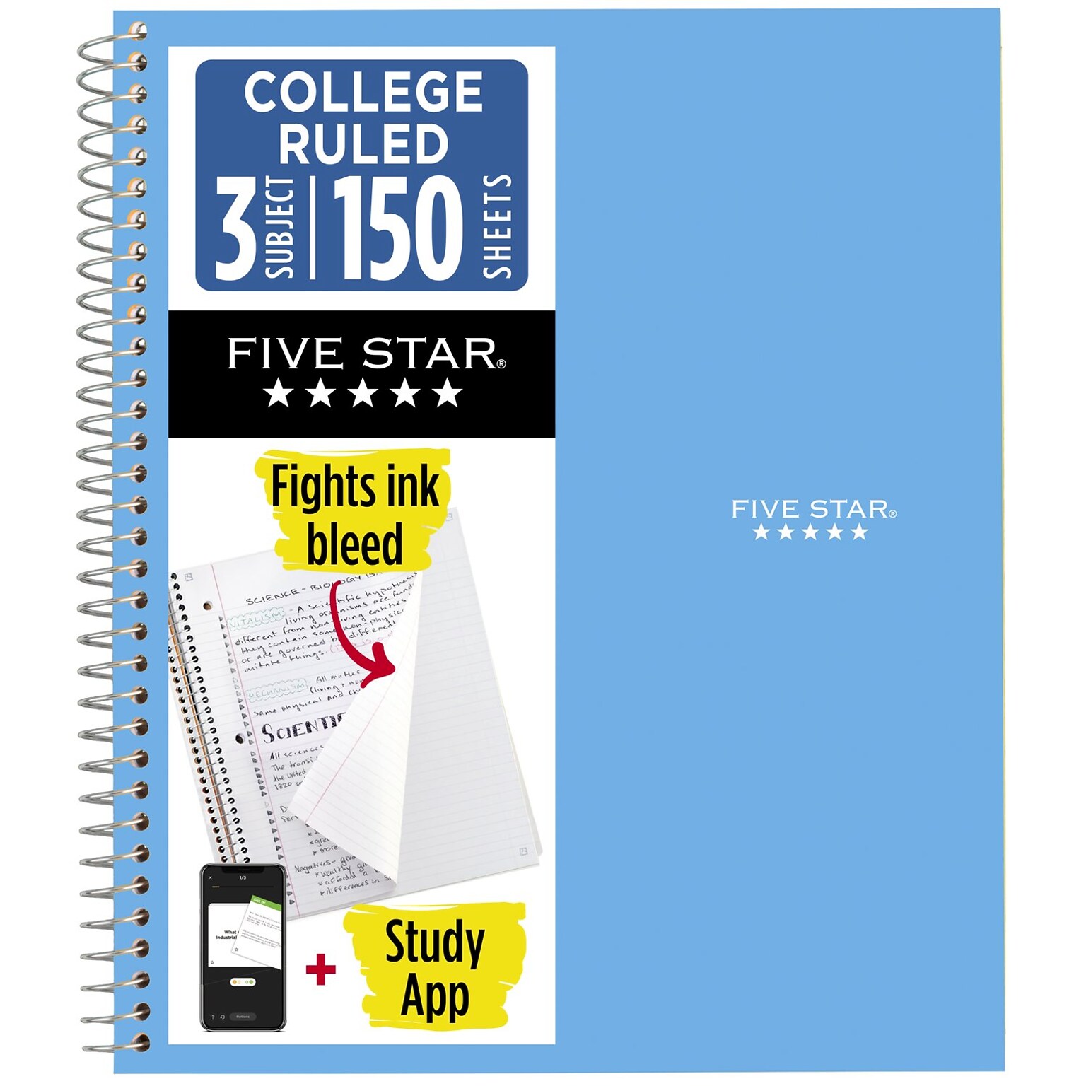 Five Star Spiral Notebook Plus Study App, 3 Subject, College Ruled, 8.5 x 11, Sky Blue (820003NH0)