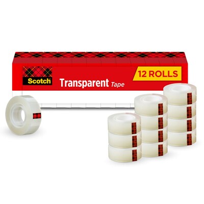 Scotch Transparent Clear Tape, 0.75 x 36 yds., 1 Core, Transparent, 12 Rolls/Pack (600-12PK)