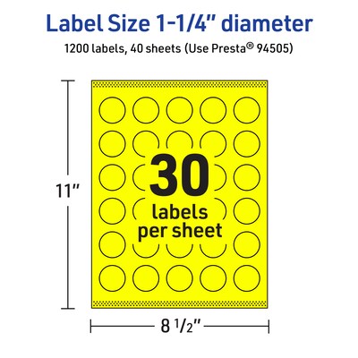 Avery Laser/Inkjet Multipurpose Circle Labels, 1.25" Dia., Neon Yellow, 1200/Pack (94505)