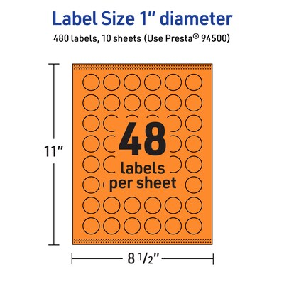 Avery Laser/Inkjet Multipurpose Circle Labels, 1" Dia., Bright Orange, 480/Pack (94500)