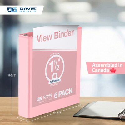 Davis Group, 1.5", 8.5" x 11", Round Ring View Binder, Pastel Color, Blush, 6/Pack (7412-11-06)