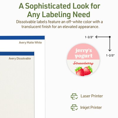 Avery Dissolvable Circle Multipurpose Labels, 1-2/3" Dia., Off-white, 100/Pack (94508)