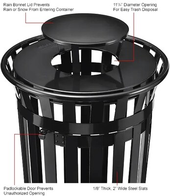 Global Industrial Outdoor Slatted Steel Trash Can w/ Access Door & Rain Bonnet Lid, 36 Gallon, Black (261941BK)