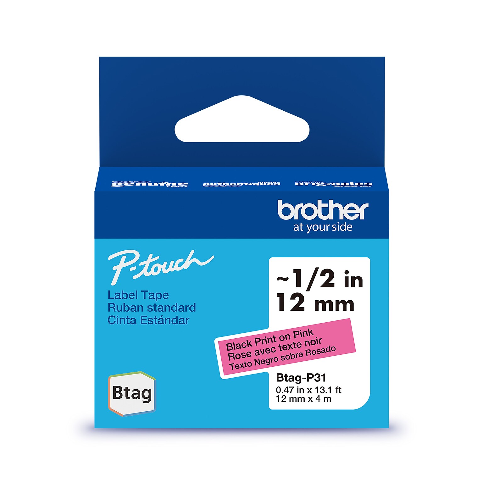 Brother P-touch Btag Label Tape, 1/2 x 13.1’ (12mm x 4m), Black on Pink (BTAGP31)