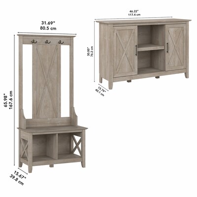 Bush Furniture Key West 66" Entryway Storage Set with Hall Tree, Shoe Bench, and 2-Door Cabinet, Washed Gray (KWS054WG)