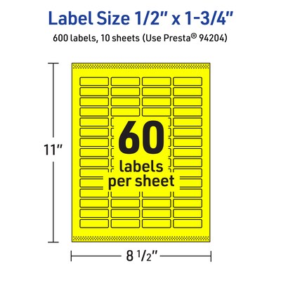 Avery Laser/Inkjet Multipurpose Rectangle Labels, 0.5" x 1.75", Neon Yellow, 600/Pack (94204)