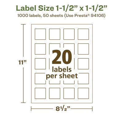 Avery EcoFriendly Laser/Inkjet Square Multipurpose Labels, 1-1/2" x 1-1/2", White, 1000/Box (94106)