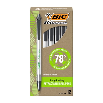 BIC Ecolutions Clic Stic Retractable Ballpoint Pens, Medium Point, Black Ink, Dozen (CSEM11BK)