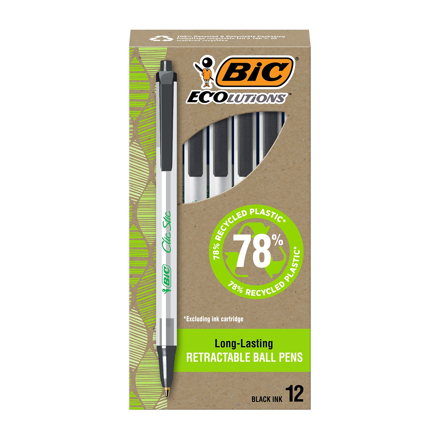 BIC Ecolutions Clic Stic Retractable Ballpoint Pens, Medium Point, Black Ink, Dozen (CSEM11BK)