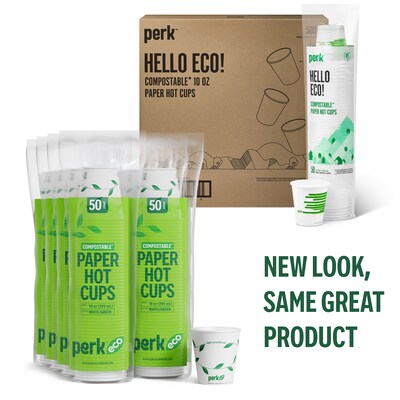 Perk™ Eco Compostable Paper Hot Cup, 10 Oz., White/Green, 500/Carton (PK56223CT)