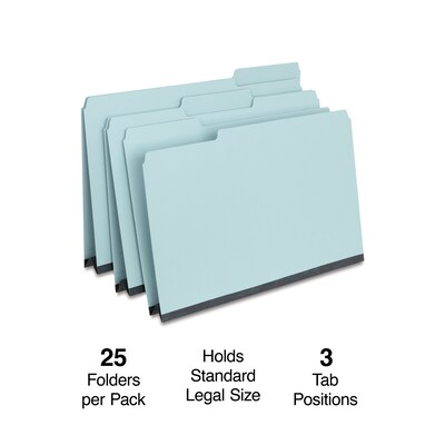 Quill Brand® Heavy-duty Pressboard File Folders, Assorted Tabs, 1/3 Cut , 2" Gusset, Legal Size, Blue, 25/Box (761522R)