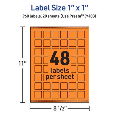 Avery Laser/Inkjet Multipurpose Square Labels, 1" x 1", Bright Orange, 960/Pack (94103)