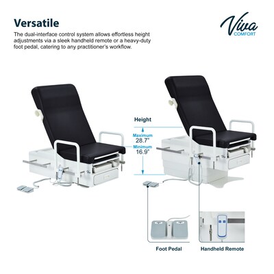 Viva Comfort Pointe Power Electric Pelvic Tilt Exam Table w/Stirrups, Knee Crutches, Hand Rails, 396lbs. Capacity, Black