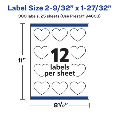 Avery Heart Shaped Laser/Inkjet Multipurpose Labels, 2.281" x 1.844", White, 12 Labels/Sheet, 25 Sheets/Pack (94603)