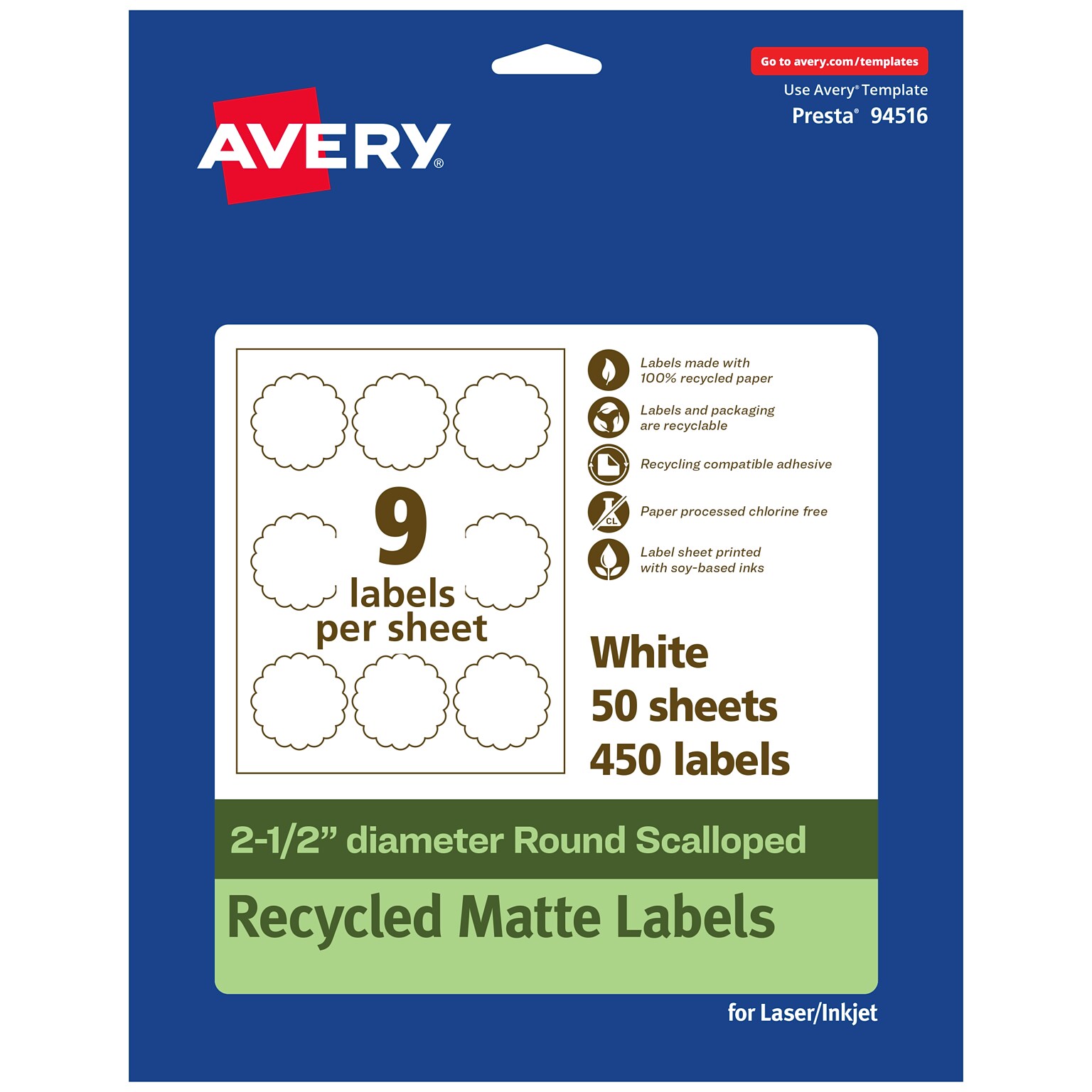 Avery EcoFriendly Laser/Inkjet Decorative Edge Multipurpose Labels, 2-1/2 Dia., White, 450/Box (94516)