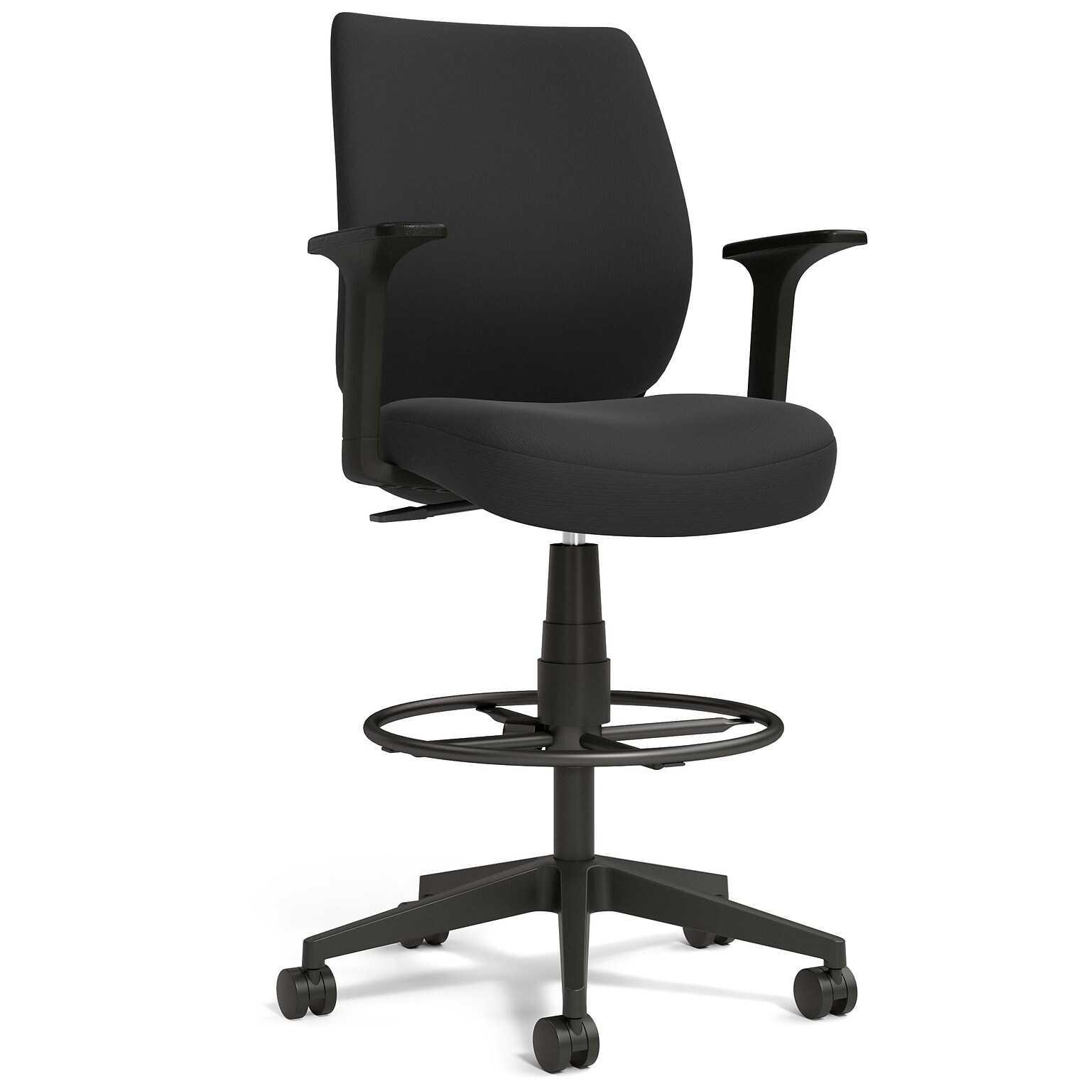 Staples Essentials Fabric Drafting Stool with Backrest and Footrest, Black (UN59388)