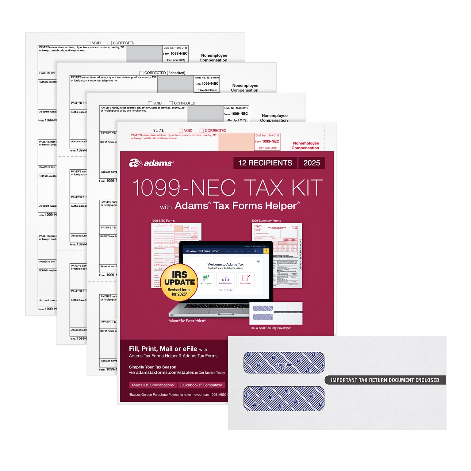 Adams 2025 1099-NEC Tax Forms Kit, 4-Part, 3-Up, A, 1, B & 2, 12/Pack (STAX512NEC-25)