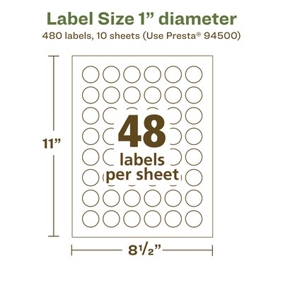 Avery EcoFriendly Laser/Inkjet Circle Multipurpose Labels, 1" Dia., White, 480/Pack (94500)