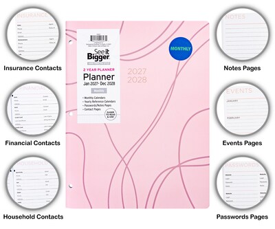2027-2028 Overland Travelware 0.25" x 8.5" Calendar Year Monthly Standard Planner, Paperboard Cover, Pink (90697)