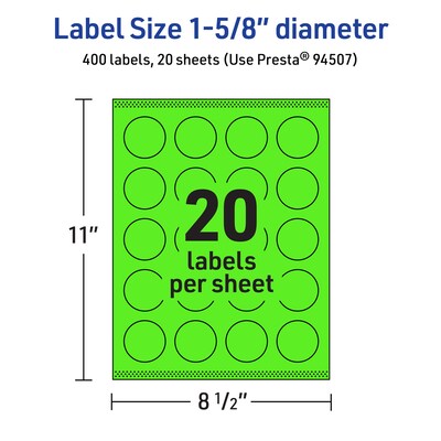 Avery Circle Multipurpose Labels, 1-5/8" Dia., Neon Green, 400/Pack (94507)