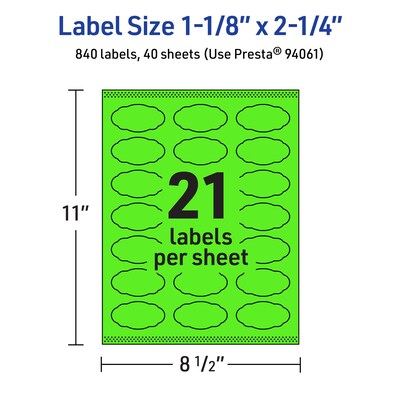 Avery Decorative Edge Multipurpose Labels, 1-1/8" x 2-1/4", Neon Green, 840/Pack (94061)