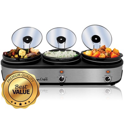 MegaChef Triple 2.5 Quart Slow Cooker, Brushed Silver (938109458M)