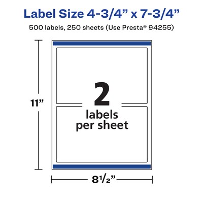 Avery Laser/Inkjet Multipurpose Labels, 7.75"  x 4.75", Matte White, 500/Box (94255)