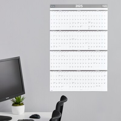 2025 Staples 36" x 24" Dry Erase Wall Calendar, Gray/White (ST52079-25)