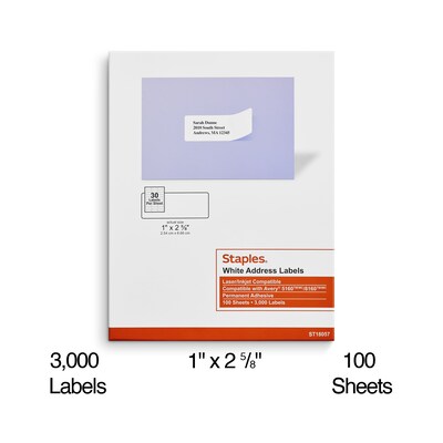 Staples® Laser/Inkjet Address Labels, 1" x 2 5/8", White, 30 Labels/Sheet, 100 Sheets/Pack, 3000 Labels/Box (ST18057-CC)