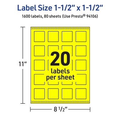 Avery Laser/Inkjet Multipurpose Square Labels, 1.5" x 1.5", Neon Yellow, 1600/Box (94106)